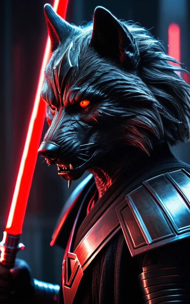 cinematic star wars, black wolf humanoid sith lord, extremely detailed face and features, , intricate armor, red glowing lightsaber, dramatic lighting, epic fantasy, muted color palette, cinematic composition, dramatic combat poses, hyper realistic, 8k, high quality, masterpiece