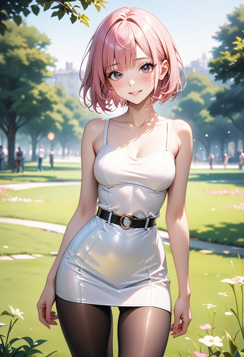 ((Sexy high waist skirt dress)), luster Outfit, (Black pantyhose), skinny, solo, 1 woman, Masterpiece, highest quality, highest quality, 16K, incredibly absurd, highly detailed, 2.5D, ai-generated, delicate and dynamic, very delicate facial expressions, delicate eye depiction, erotic, only sexy woman, ((A cute and kind face)), healthy figure, ((25-year-old woman)), 160cm tall, medium firm swaying bust, (short hair), (pink hair:1.5), bob cut, black eye, blush, Sweat,Embarrassed,sexy, ((thin thighs)), (camel toe:0.8), (Erect nipples:1.0), (visible nipples:0.5), ((shiny and lustrous)), facing straight at viewer, smile, (standing), cowboy shot, ((arm at side)), Large park, daytime, bright, on the grass,