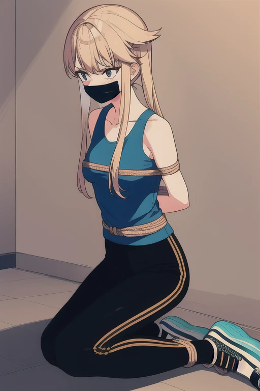 ((1 girl)), ((twin tails)), ((simple_background)), ((concrete floor, concrete wall)), ((dark empty room)), ((bondage)), ((arms behind back)), ((scowl)), ((sitting on the knees)), ((mouth close)), ((mouth gagged)), ((tape gag)), ((Rope bondage)), ((The rope is wrapped around the body multiple times.)), (restrained tightly), ((helpless)), ((calm)), (blue tank top,tank top,tights pants, long black pants, sport shoes)