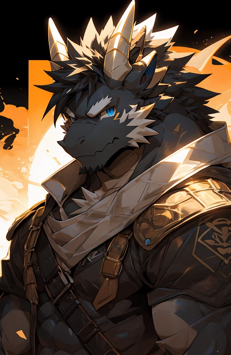 (by sollyz),dragon,white and black body,detail face, detail eyes, detail,male,(bare-chested),furry, short hair,(mercenary)
,blue eyes,black body,black hair,handsome,simple background,
strong,epic,