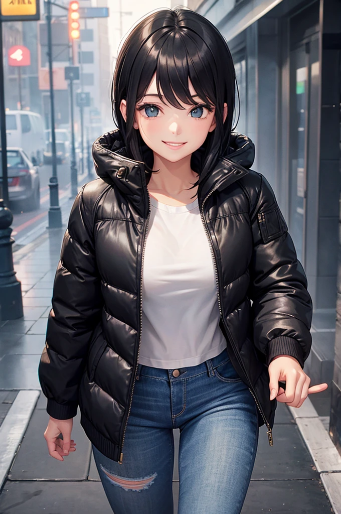 girl, jeans, black puffer jacket, foggy, street, smile, rain