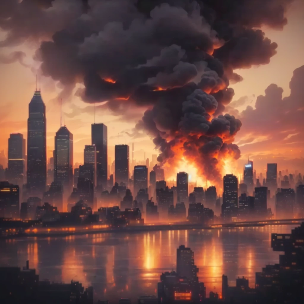 smoke billows from a fire in a city skyline at night, apocalypse art, recusion beeple, burning city in background, the city is on fire, destroying new york city, burning city background, city in the distant on fire, realism | beeple, fires!! hyperrealistic, beeple and tim hildebrandt, destroying a cityscape