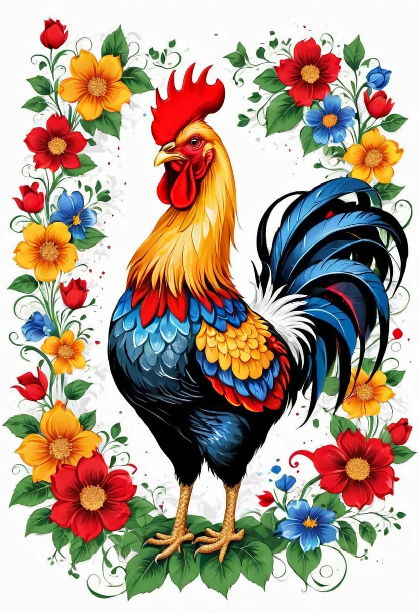 Rectangular vector art with flowers, colorful barcelos rooster illustration in the center, paint splashes and stains, high detail, t-shirt designs (art work, best quality, professional, perfect composition, very aesthetic, absurd, super detailed, intricate details: 1.3