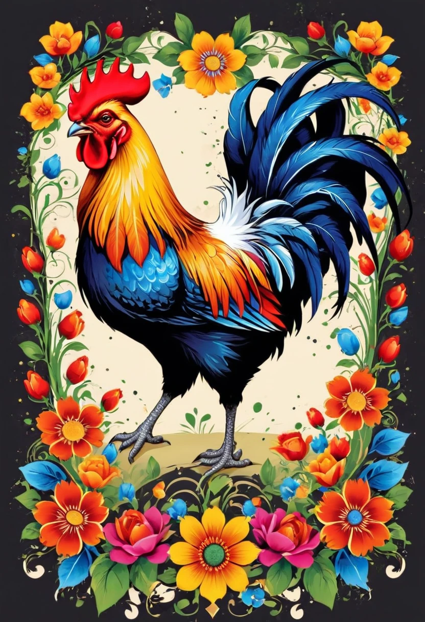 Rectangular vector art with flowers, colorful barcelos rooster illustration in the center, paint splashes and stains, high detail, t-shirt designs (art work, best quality, professional, perfect composition, very aesthetic, absurd, super detailed, intricate details: 1.3