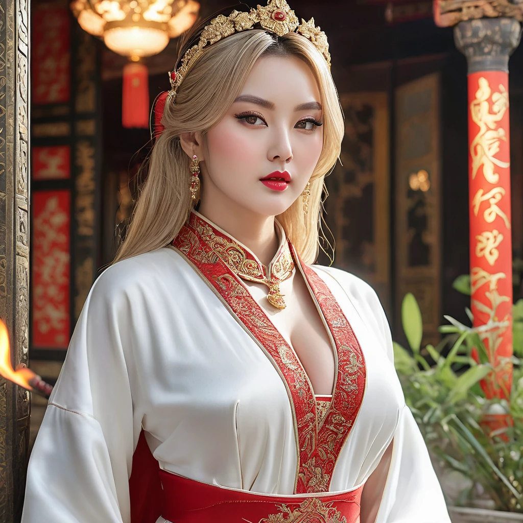 (((Hyper Real)))、(((A 30-year-old white female priest from ancient Europe)))、(((Beautiful female priest))) Mature beautiful middle-aged woman、(((Big big boobs)))、Fine skin、Beautiful plump middle-aged woman、(Fine green eyes)、Blonde fluffy long hair、{(Ancient ornate and luxurious temple)、(Many torches are burning)}、(((Big big cleavage)))、Big Ass、Red lips、(((Luxurious pure white outfit and luxurious accessories)))、