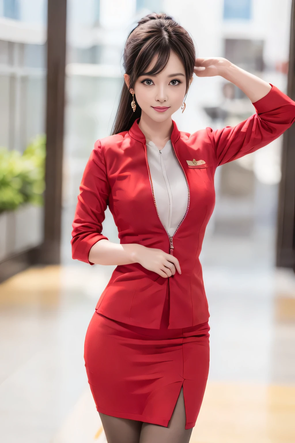 (masterpiece:1.2, Highest quality:1.2), 32k HDR, High resolution, (alone, 1 Girl), （AirAsia stewardess uniform realistic style）, A proper woman, Beautiful Face, Brown Hair, (Long hair down to the legs), (Red jacket:1.1, Unzipped jacket, Unbuttoned white shirt:1.05, Red mini skirt:1.1, pantyhose),（Showing big  through cleavage in unbuttoned white shirt）、（long hair that reaches down to the legs）、Perfect slim body:1.1, Huge breasts, huge breasts cleavage, Detailed skin texture, Beautiful Eyes, (Attractive look:1.2), necklace、Earrings、(forward leaning posture:1.5）, On the roof of a building, Rooftop at daytime,blue eyes、Hands should be lowered