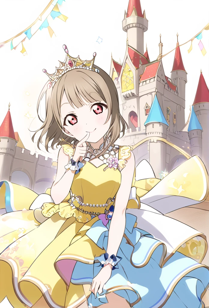 ((style:Colored pencil))Kasumi Nakasu, lovelive, Yellow-brown hair, Bobcut, short hair, ワンレングスBobcut, Asymmetrical Hair, Long left bangs, Red Eye, Yellow Dress, Party Dresses, adult, flare lens, Single, alone, whole body, smile, Finger in mouth, secret, Princess, crown shaped tiara, The background is inside the castle, Wonderland,