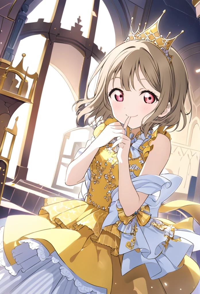 ((style:Colored pencil))Kasumi Nakasu, lovelive, Yellow-brown hair, Bobcut, short hair, ワンレングスBobcut, Asymmetrical Hair, Long left bangs, Red Eye, Yellow Dress, Party Dresses, adult, flare lens, Single, alone, whole body, smile, Finger in mouth, secret, Princess, crown shaped tiara, The background is inside the castle, Wonderland,