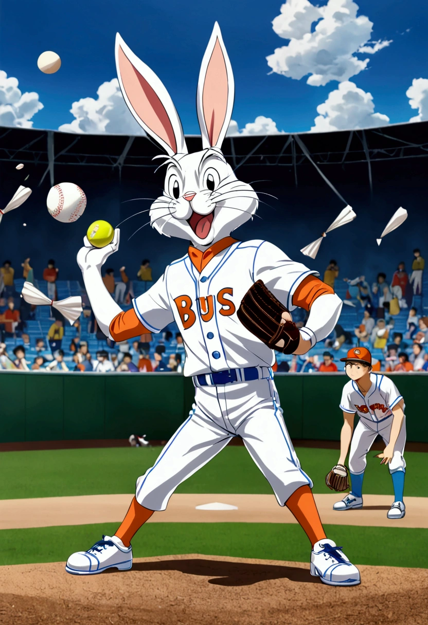 animage of Bugs Bunny(scratch:0.6) as a baseball player, play as pitcher, curved ball(throwing ball:1.8), iconic pitching stance, wink, vivid color, perfect anime style, perfect mix color, super detailed, best quality wallpaper, 8k, absurdity, expressive realism, perfect lightness