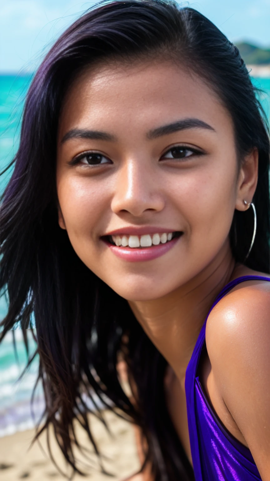 photo of female (((lying))) on the beach long black hair with (((purple high lights))) in RAW UHD format (Brown-eyed woman) Details (textures! , , imperfections: 1.1), DSLR Lighting, SLR camera, Ultra-Quality, sharpness, Film grain, Fujifilm XT3, Crystal clear, sharp-focus, sunshine , neon lighting, (lit), day time, (blue sky), detailed skin pores, oilly skin, suntan, ocean in background, sharp, focused. razor-sharp, composition, light and shadow, smiling, half thai half scandinavian, (((purple high lights)))