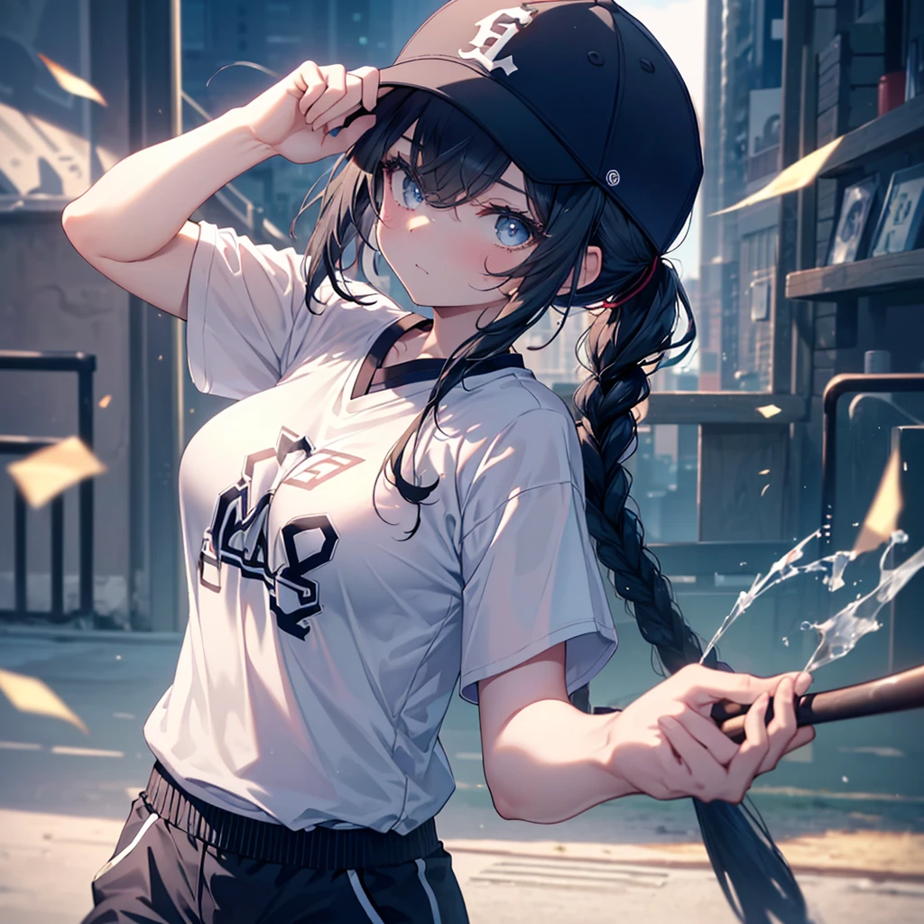 Highest quality、High resolution、Detailed Background、Beautiful Face、High detail、(Perfect Anatomy, Perfect Style)、(Detailed facial expressions)、(fine grain:1.2)、Teenage Beauty、(aerial view:1.2, wide shoot:1.2, whole body:1.2), One Girl、Cute black hair、Deep blue eyes、Braided Ponytail, Braided bob cut, Early morning baseball game, Holding a metal bat:1.2, ((shoot from behind:1.2, avert your eyes:1.2)), (Baseball cap、T-Shirts、Shorts, socks、spike)、(Large Breasts:1.2, Pointed Chest:1.2, High chest:1.2), ((run away from viewer:1.2)),