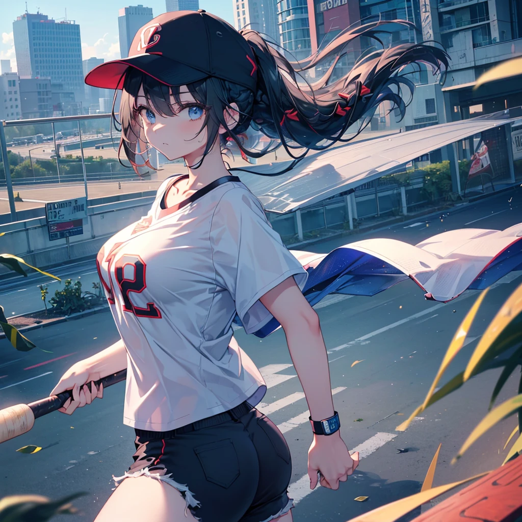 Highest quality、High resolution、Detailed Background、Beautiful Face、High detail、(Perfect Anatomy, Perfect Style)、(Detailed facial expressions)、(fine grain:1.2)、Teenage Beauty、(aerial view:1.2, wide shoot:1.2, whole body:1.2), One Girl、Cute black hair、Deep blue eyes、Braided Ponytail, Braided bob cut, Early morning baseball game, Holding a metal bat:1.2, ((shoot from behind:1.2, avert your eyes:1.2)), (Baseball cap、T-Shirts、Shorts, socks、spike)、(Large Breasts:1.2, Pointed Chest:1.2, High chest:1.2), ((run away from viewer:1.2)),