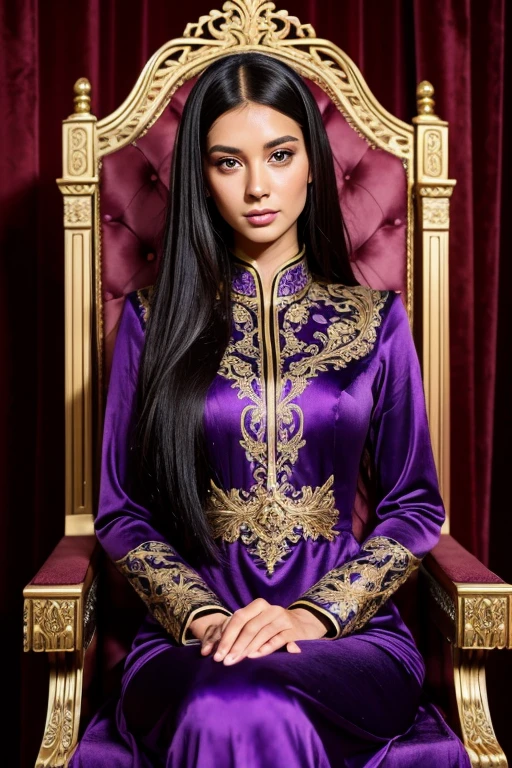 tall statuesque woman, beautiful woman, 30 years old, modest ornate long sleeved silk violet dress, high necked dress, tan skin, long black hair, violet eyes, eastern eyes, sitting in throne,