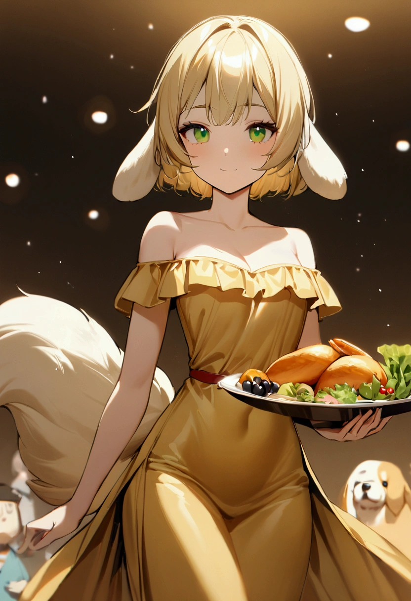 1girl with long blonde hair, green eyes, floppy dog ears, golden dress with open shoulders, slender body, emoteless face dog tail, Rick kitchen, holding dish with food, soft smile