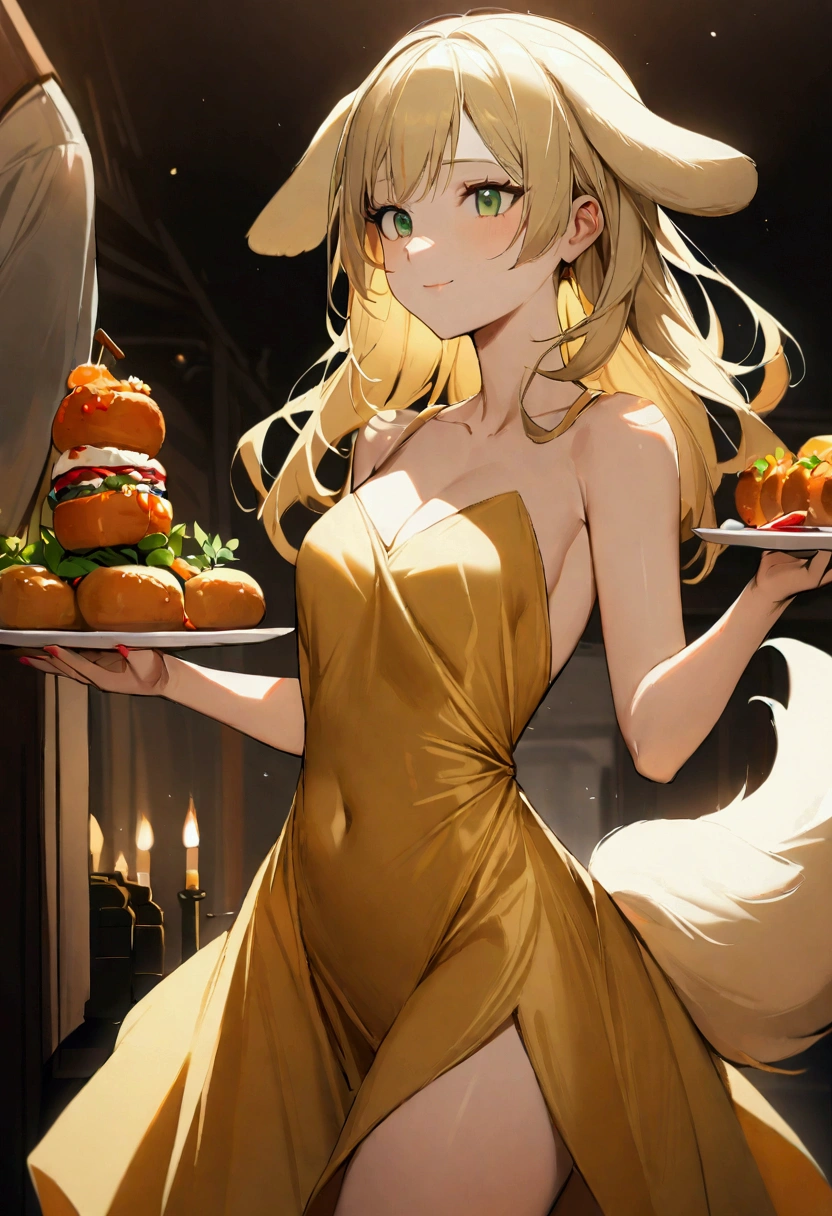 1girl with long blonde hair, green eyes, floppy dog ears, golden dress with open shoulders, slender body, emoteless face dog tail, Rick kitchen, holding dish with food, soft smile