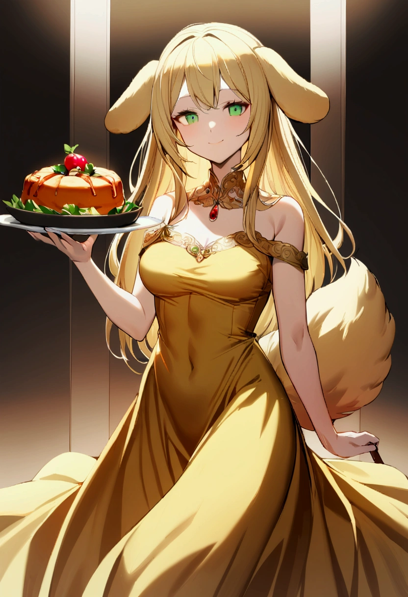 1girl with long blonde hair, green eyes, floppy dog ears, golden dress with open shoulders, slender body, emoteless face dog tail, Rick kitchen, holding dish with food, soft smile