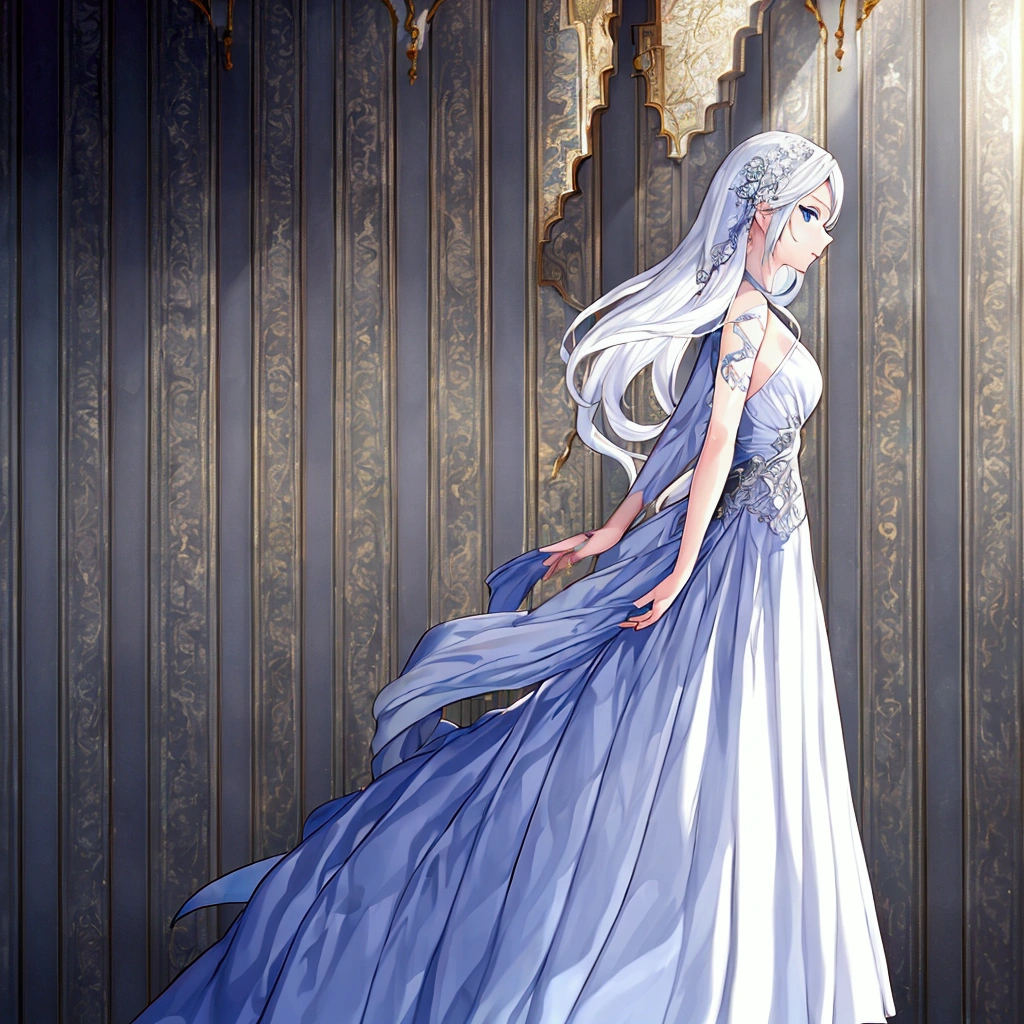 ((masterpiece)), ((best quality)), (from side1.32), (half-body shot:1.36), perfect anatomy, 1girl, solo, short white hair, flowing hair, shining blue eyes, white dress, dramatic lighting, looking at viewers