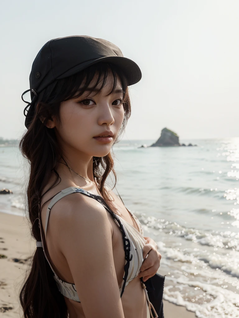 There is a woman standing on the beach with a hat., bae suzy, Jintheyung Shin, profile picture, canción Hye Kthey, janice sung, kim taejin, heonhwa choe, she has black hair with bangs, they, seson theyon, parque me, by Emma Andijewska, sun yunjoo, jia