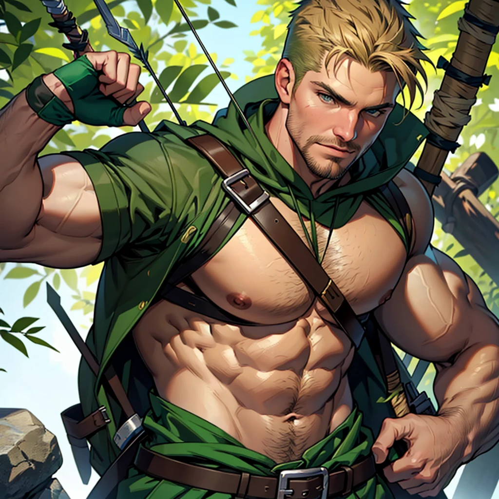 8k, high quality , detailed face , detailed fingers ,detailed muscles  stephen amell as green arrow , wearing dark green outfit   , showing a dark blond short hair , a thick facial hair , hard nipples, a bulge ,hunk and handsome, aiming with his bow and arrow toward the ennemy , with the quiver on his back full of arrows