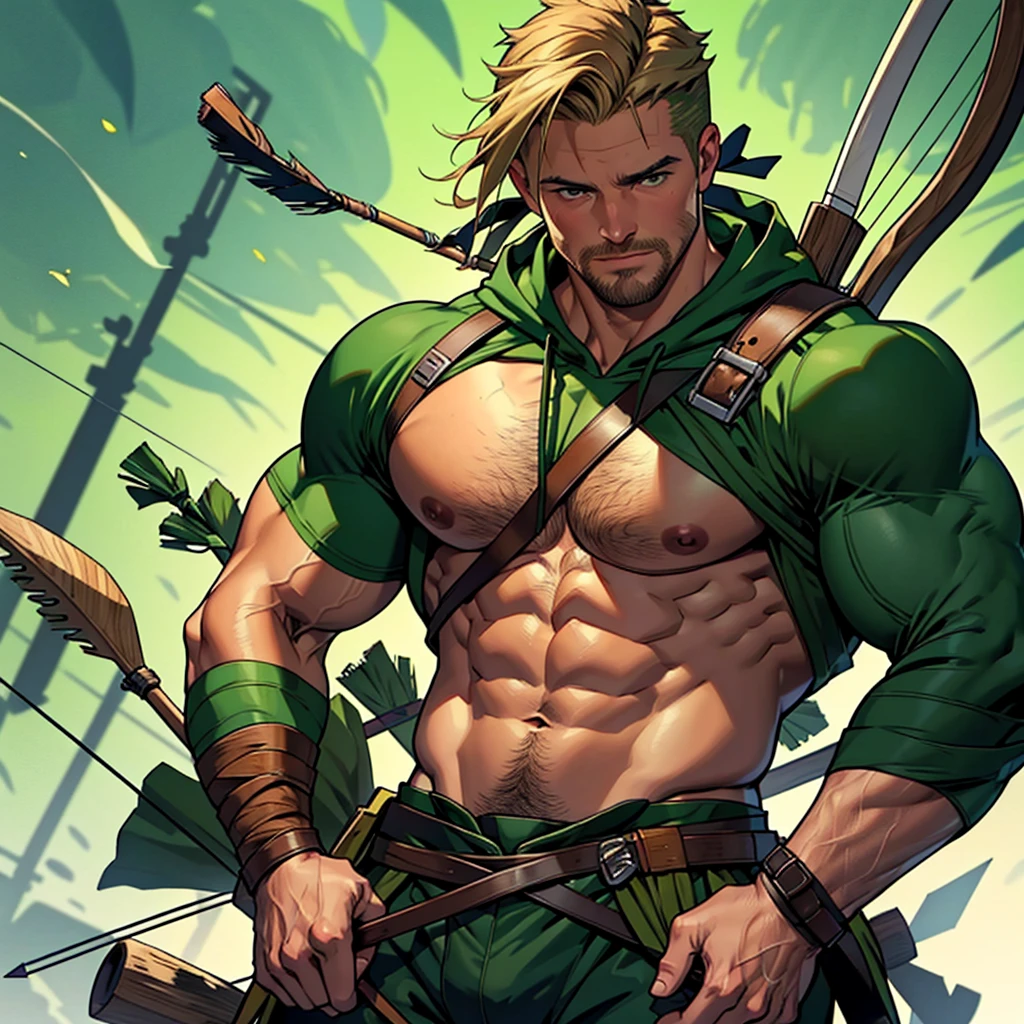 8k, high quality , detailed face , detailed fingers ,detailed muscles stephen amell as green arrow , wearing dark green outfit , showing a dark blond short hair , a thick facial hair , hard nipples, a bulge ,hunk and handsome, aiming with his bow and arrow toward the ennemy , with the quiver on his back full of arrows
