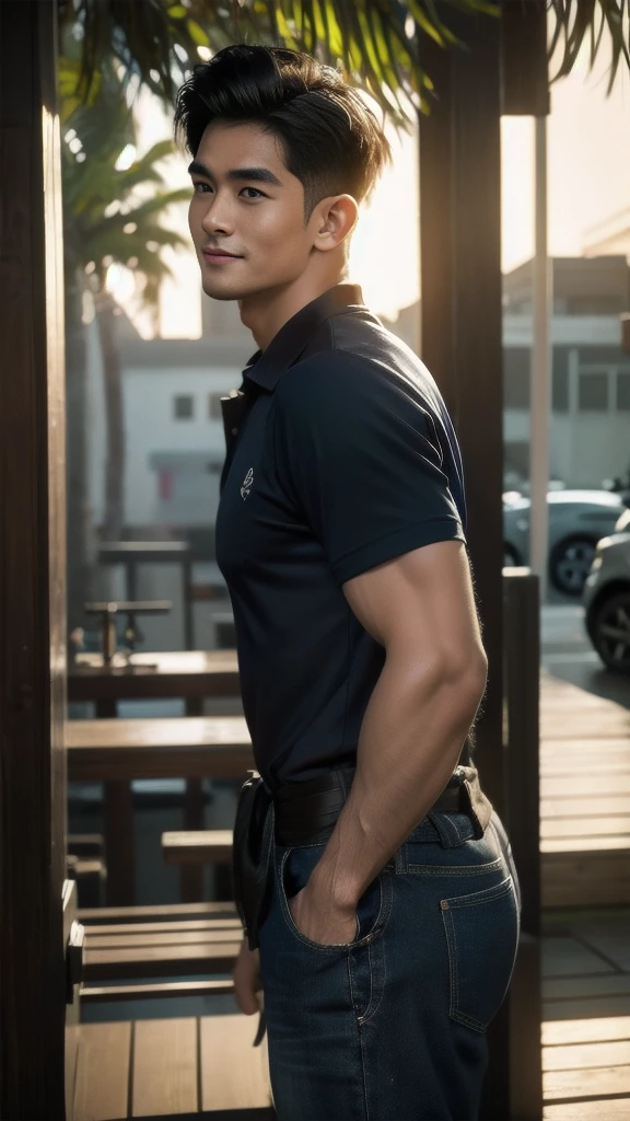 Natural light, realistic, Thai man, ทรงผมสั้น buzz cut, Handsome, muscular, big muscles, Broad shoulders, model,  Wear a tight polo shirt. dark blue jeans standing smiling , outdoor outside