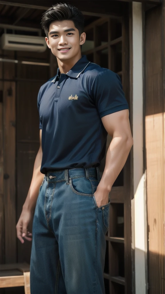 Natural light, realistic, Thai man, ทรงผมสั้น buzz cut, Handsome, muscular, big muscles, Broad shoulders, model,  Wear a tight polo shirt. dark blue jeans standing smiling , outdoor outside