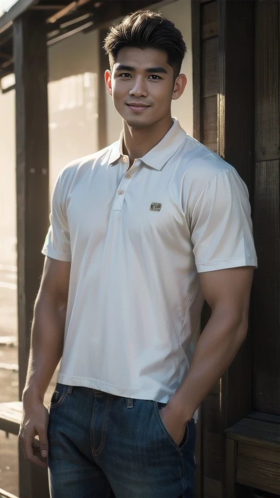 Natural light, realistic, Thai man, ทรงผมสั้น buzz cut, Handsome, muscular, big muscles, Broad shoulders, model, Wear a tight polo shirt. dark blue jeans standing smiling , outdoor outside