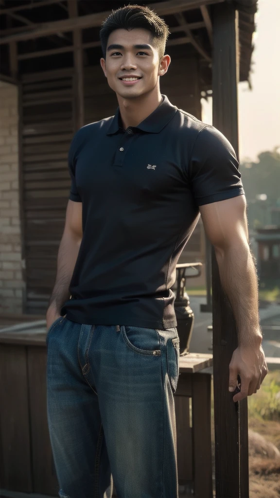 Natural light, realistic, Thai man, ทรงผมสั้น buzz cut, Handsome, muscular, big muscles, Broad shoulders, model, Wear a tight polo shirt. dark blue jeans standing smiling , outdoor outside