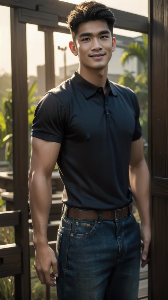 Natural light, realistic, Thai man, ทรงผมสั้น buzz cut, Handsome, muscular, big muscles, Broad shoulders, model,  Wear a tight polo shirt. dark blue jeans standing smiling , outdoor outside