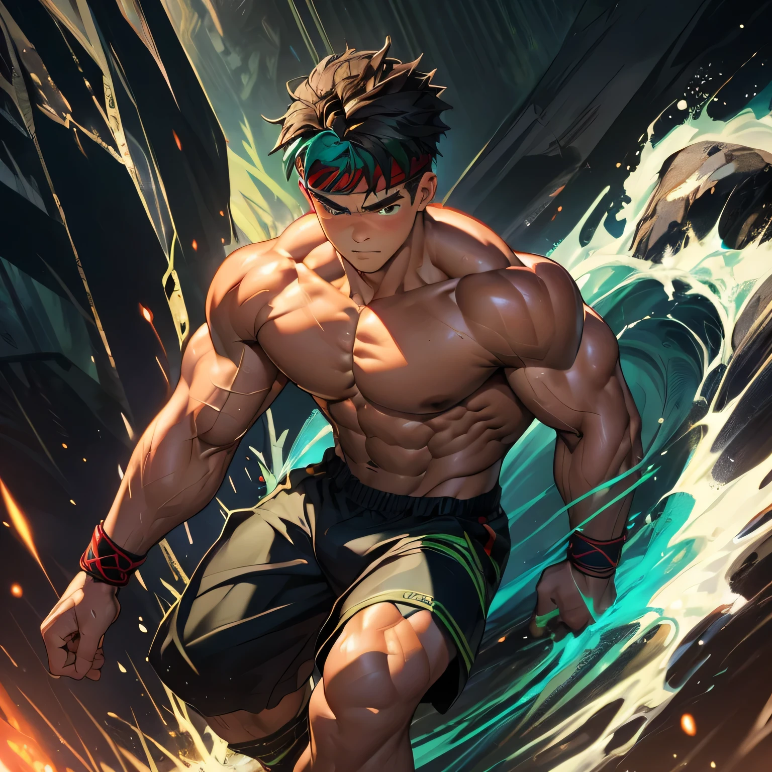 (Masterpiece, Best quality, 8k, ultra-detailed, 17 year old boy, worm eyes, black background), Young, boy, muscler, Shirtless, ((((solo, steam, intense battle scene, heroic figure, surrounded by swirling green aura)))), (Dark Short straight hair, ((almost completely shaved hair)), under cut, brown eyes), (red headband, ((black wristband))), Vivid colors, ((hot Abs:1.2, abs!, big abs, big breast:1.2, chest!, muscler upper arms)), muscler!, muscler body, martial arts stance, detailed face, detailed muscle, (((random fighting pose, powerful, action, rippling muscles, turquoise aura around body, concentrate, deep night, man of steel, kicking)))
