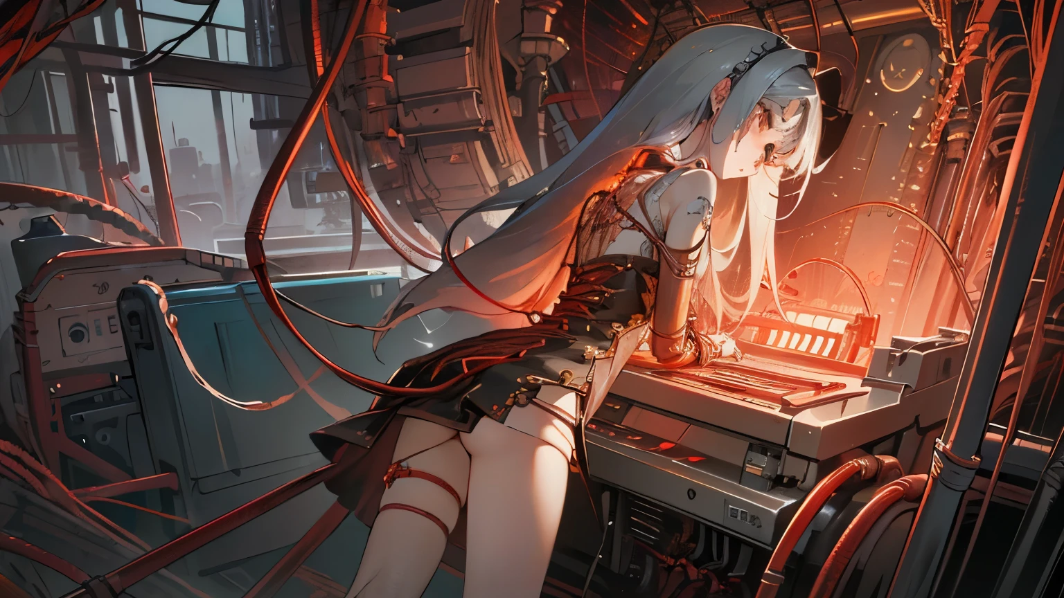 (masterpiece, top quality, best quality, official art, beautiful and aesthetic:1.2), (1 woman:1.3), extremely detailed,fancy,most detailed ((very detailed)), (very detailed CG 일러스트레이션), ((very delicate and beautiful)),(from the side),cinematic light,((1Machine Girl)),alone,whole body,(machine made joints:1.2),((mechanical limbs)),(blood vessels connected to tubes),(mechanical spine attached to the back)expressionless,(Wires and cables connected to the neck:1.2),(wires and cables in head:1.2)(character focus),sf, tube on background, The machine is attached to a joint., gray hair, White skin, looking at viewer, sword in hand, copper, bronze, (black stockings, ) complete anatomy,
