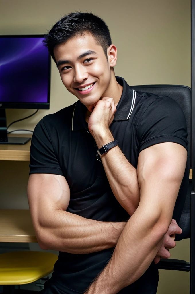 (best quality, 4K, 8K, high resolution, Masterpiece: 1.2), Special details, (realistically, As realistic as a photo, photo realistic: 1.37), Edge lighting, Extra detailed coloring, sharp focus, Physical rendering ,Extremely detailed description,professional,light color,Bokeh,Portrait,look at the viewer,
Young Asian man, 20 years old ,(Wearing a black polo shirt.), smile ,Computer room