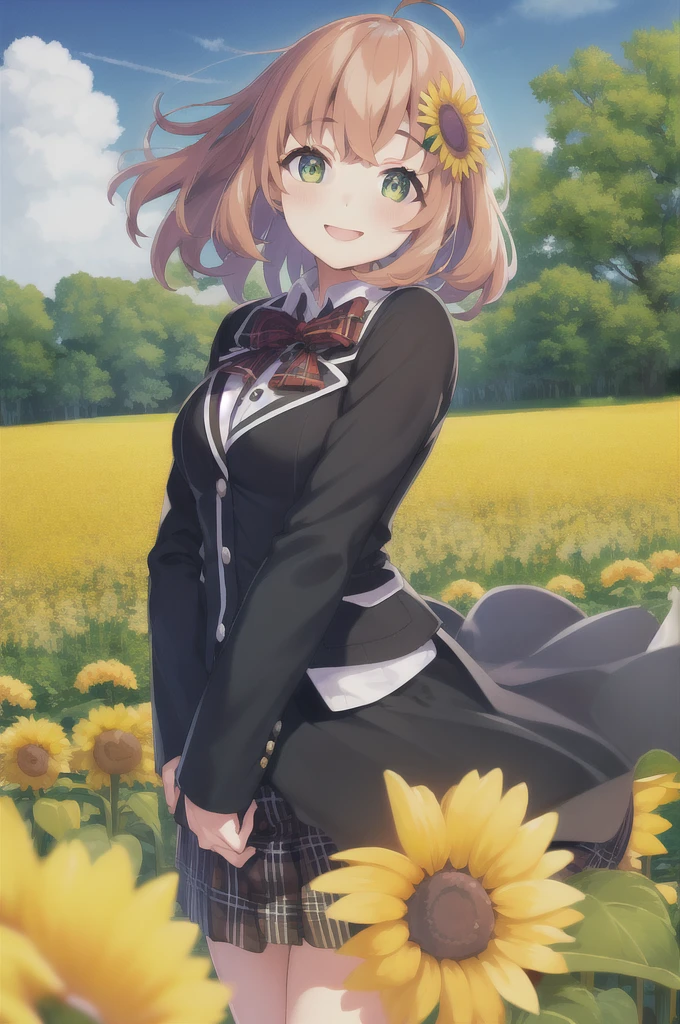 (masterpiece, best quality:1.2), cowboy shot, solo, 1girl, honma himawari, smile, looking at viewer, ahoge, sunflower hair ornament, , black jacket, plaid skirt, sunflower field