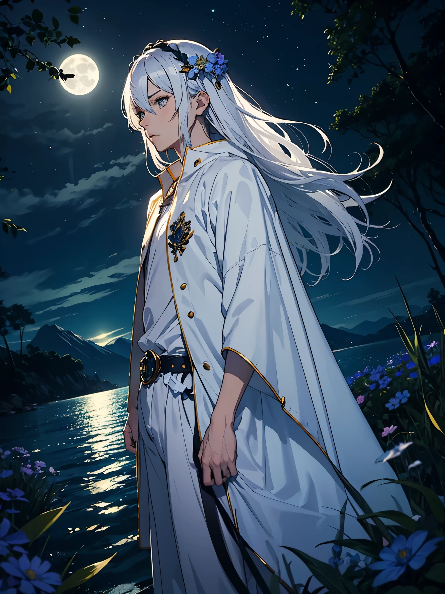 Zärtlicher. Modern jacket. Modern times. Blaie Clothing. Lightening flowers. More anime. male. Blue flowers. Long hair. long white hair. aquatic, boy, God of the Moon, silver hair accessories, White hair, White dress, cape, at night.