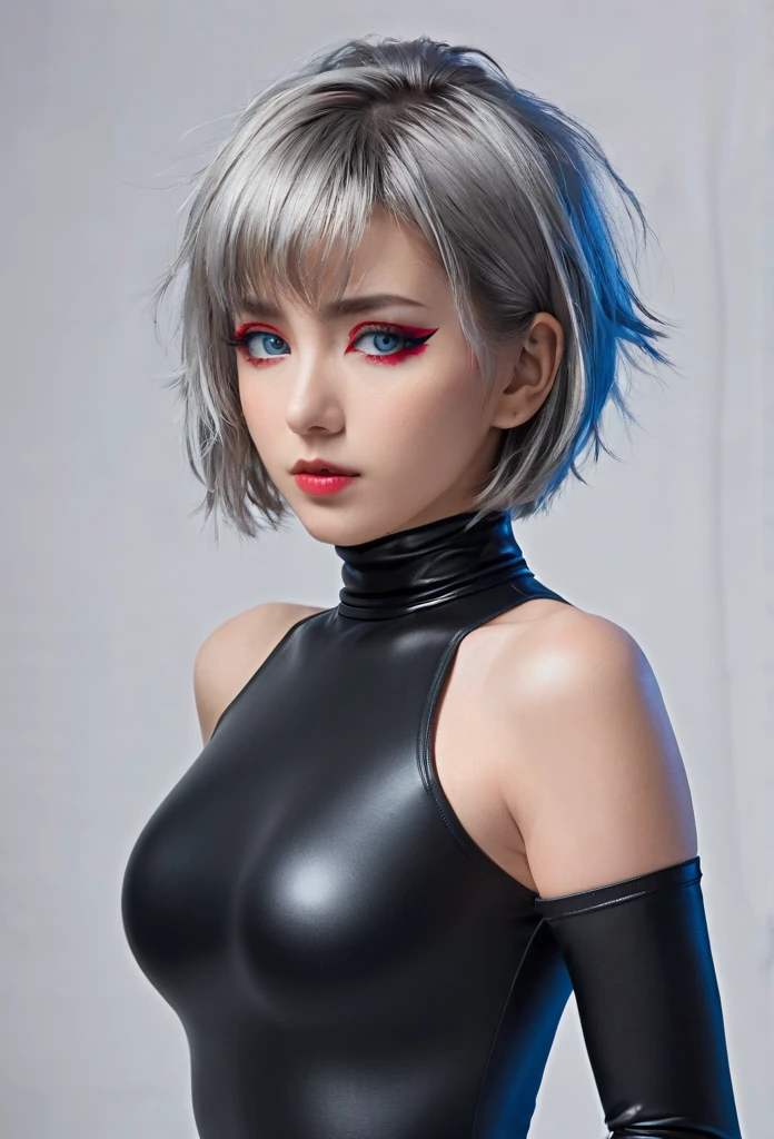 cyber punk edgerunners, One girl, Lucy (cyber punk), Bare shoulders, blue eyes, chest, leotard, View your viewers, medium chest, Off the shoulderジャケット, Off the shoulder, Red eyeliner, short hair, sleeveless turtleneck leotard, alone, turtleneck leotard, Gray Hair, ((masterpiece)) (Highest quality, masterpiece), standing, front view,