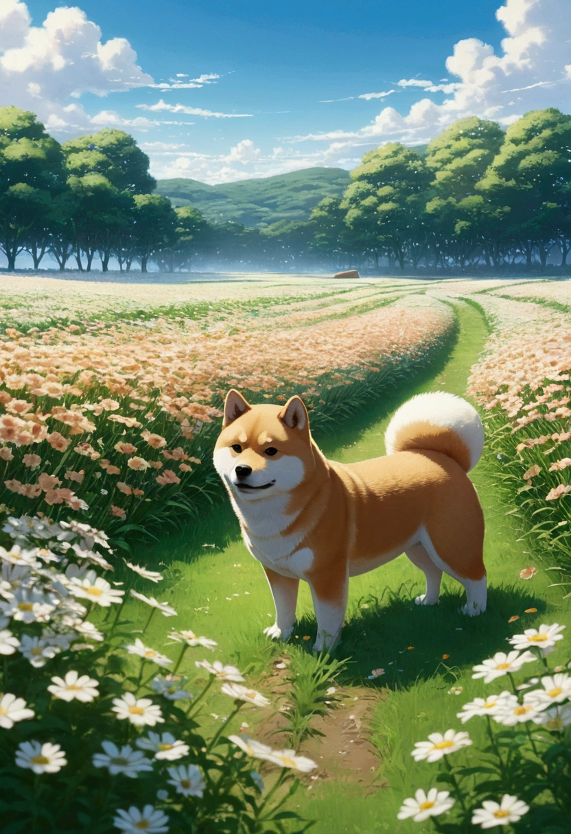 Makoto Shinkai Taste, Flower Field, 1Shiba Inu puppies, Healing scenes, hope,cute,