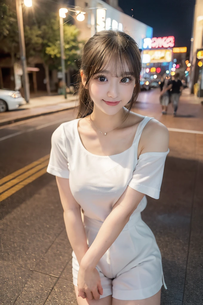 Outdoor,Beautiful beautiful thighs,summer,Night Sky,Angle from the front,A happy smile,(8K壁紙),(8K),(Highest quality)、(Ultra-high resolution)、(RAW Photos、Cinema Lighting、high resolution、masterpiece),Photorealistic,Standing posture,Large Breasts,clavicle,Perfect figure,Put your arms behind your back,Large white T-shirt,ponytail,town,street,looking at the camera,I can see your thighs,