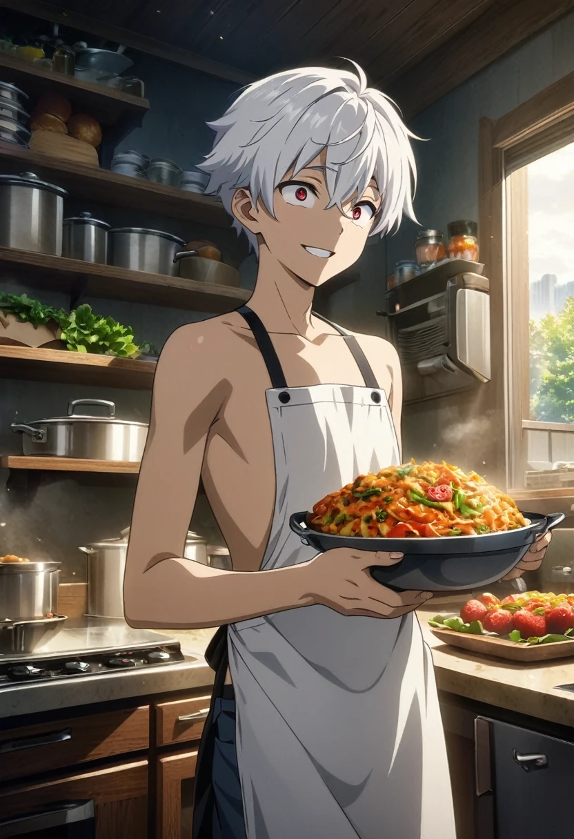 anime art, 1boy, solo male, male focus, highschool boy, beautiful boy, neck length white hair, small red droopy eyes, he has fair skin, he is naked, he only wears an apron, he is slender, slender body, he is smiling, he is in kitchen, he is cooking, ultra-detailed, ultra quality, high resolution, hdr, masterpiece, cinematic, detailed, absurdres
