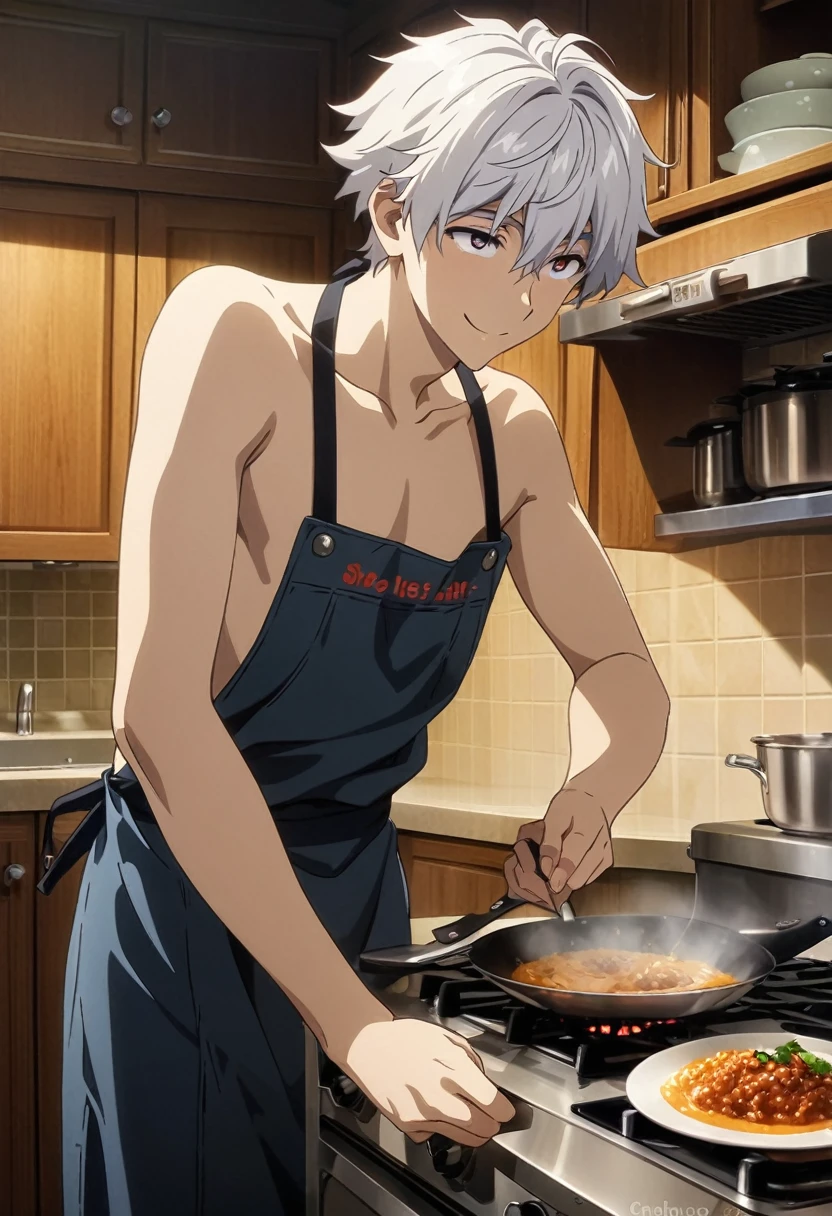 anime art, 1boy, solo male, male focus, highschool boy, beautiful boy, neck length white hair, small red droopy eyes, he has fair skin, he is naked, he only wears an apron, he is slender, slender body, he is smiling, he is in kitchen, he is cooking, ultra-detailed, ultra quality, high resolution, hdr, masterpiece, cinematic, detailed, absurdres
