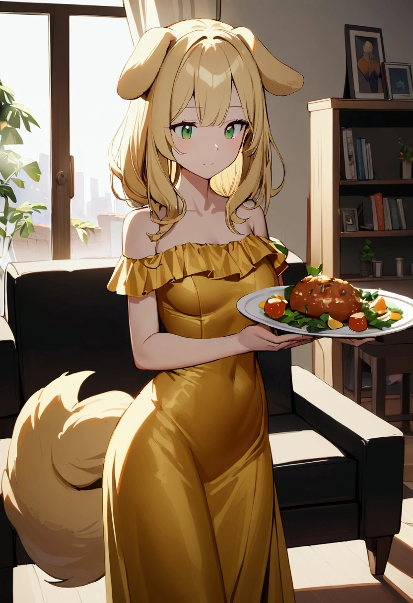 1girl with long blonde hair, green eyes, floppy dog ears, golden dress with open shoulders, slender body, emoteless face dog tail, Rick living room on background, holding dish with food, soft smile