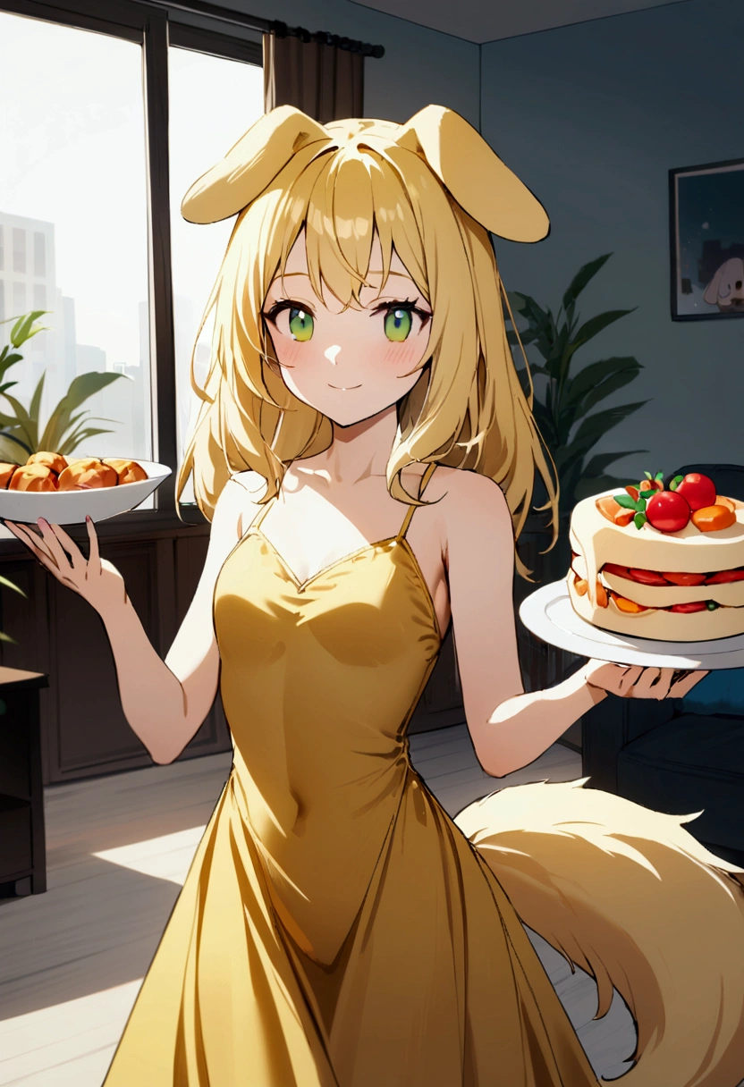 1girl with long blonde hair, green eyes, floppy dog ears, golden dress with open shoulders, slender body, emoteless face dog tail, Rick living room on background, holding dish with food, soft smile