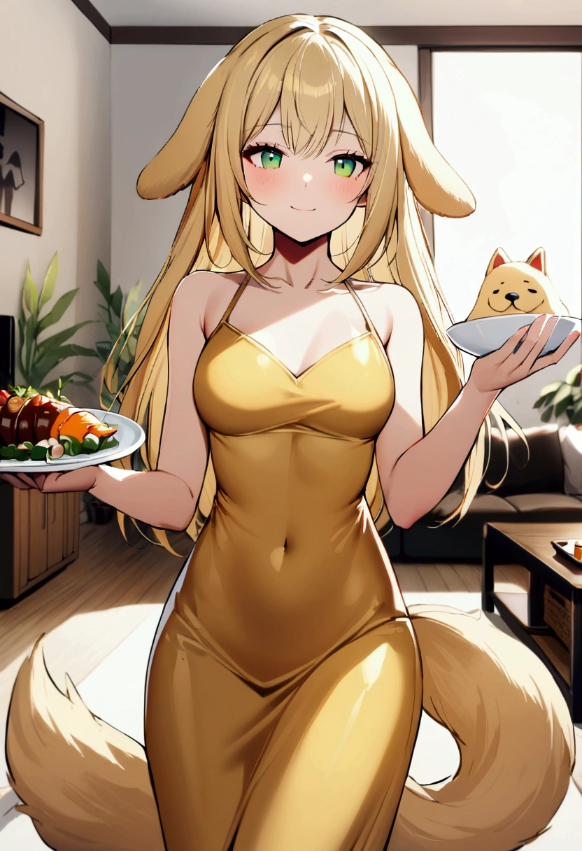 1girl with long blonde hair, green eyes, floppy dog ears, golden dress with open shoulders, slender body, emoteless face dog tail, Rick living room on background, holding dish with food, soft smile