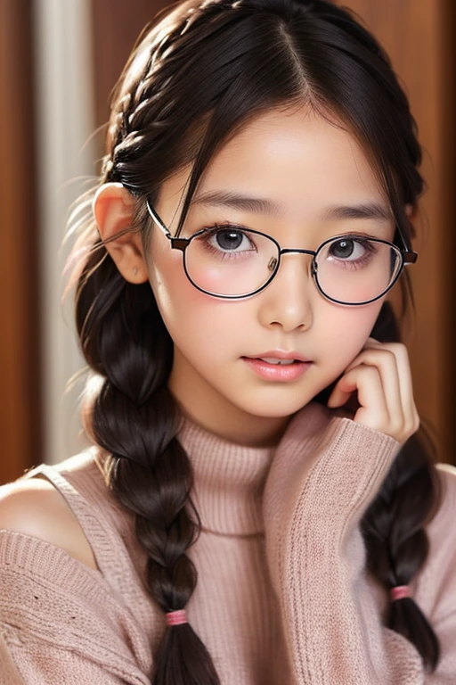 1 female,Brown Hair, ,((Anxious expression)),Beautiful breasts,Sweater knit,stylish,,(look forward to)(((Blushing、Surprised expression)),(((Braiding))),((( Upper body portrait)))Frameless Glasses