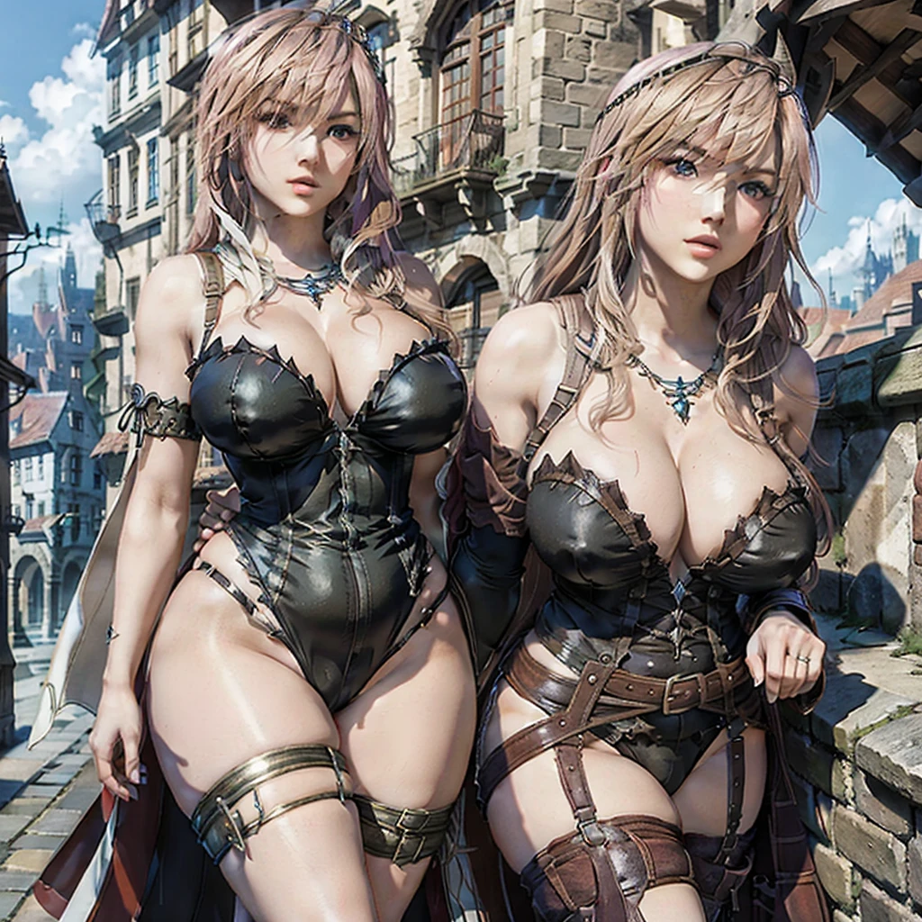 Voluptuous girl,body with nice curves , very big breasts, narrow waist,Wide hips, thick thighs,walking down the cobblestone street of a fantasy medieval city.on a sunny day with clouds,