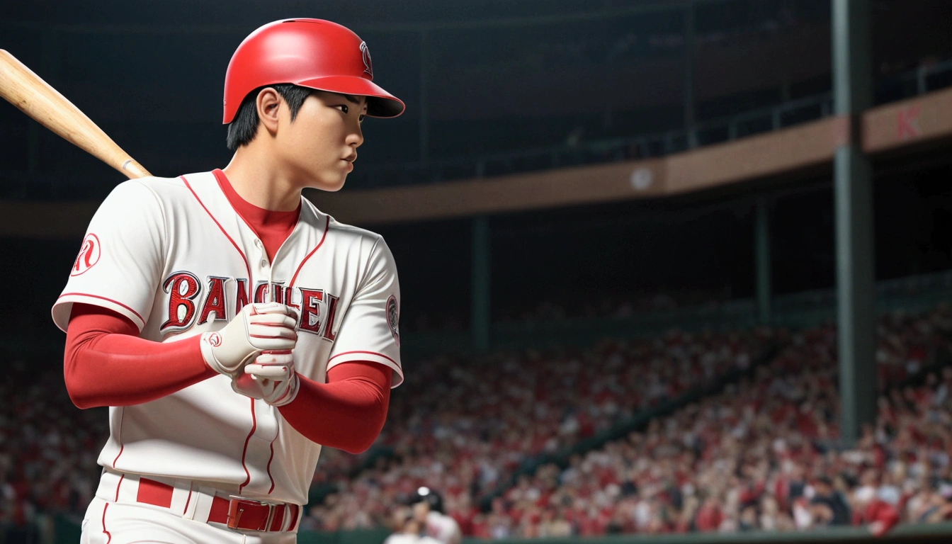 1boy, Shohei Ohtani, baseball player, batting stance, hitting home run, back shot, cinematic angle, detailed facial features, realistic, hyper-realistic, photorealistic, (best quality,4k,8k,highres,masterpiece:1.2),ultra-detailed,(realistic,photorealistic,photo-realistic:1.37),studio lighting,vivid colors,dramatic lighting