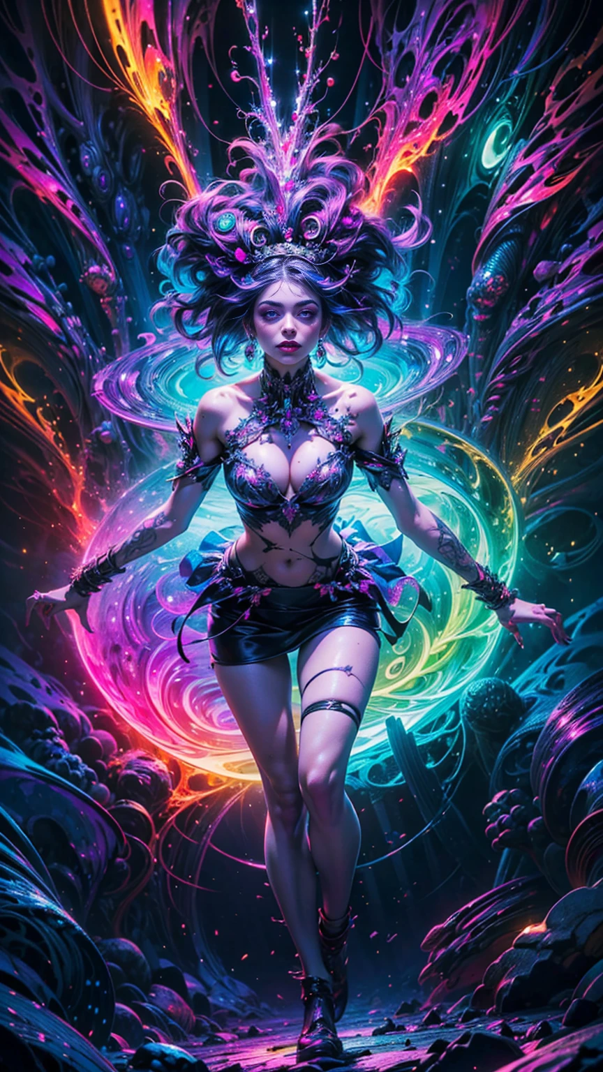 In a psychedelic world, A hyperrealist, ultra detailed image, anatomically perfect ((1 woman, Alone, on an acid trip.)) (( big bright eyes, crazy makeup, she has smudged mascara )) ((Woman flies through a fractal portal with lights bouncing between psychedelic crystals., and a magical forest)) ((Fractals and bio nature merge.)), ray tracing, Half body, (photo and gross, Best Quality), (realist, photo-realist:1.3), Masterpiece, ((A colorful psychedelic outfit.)), Best quality score, Half body, close up, Masterpiece, extremely detailed pale body, toma close up