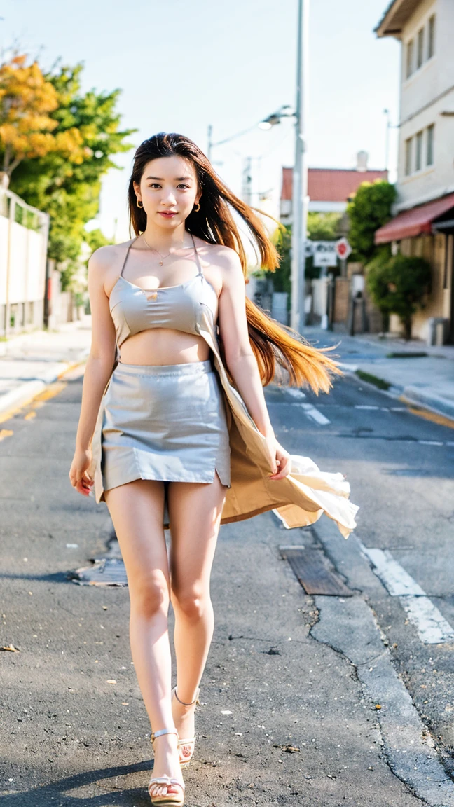 (((Big Breasts:1.52)))、((Viewing angle from below、Highest quality、masterpiece、32k、Every detail))、Descend the outdoor stairs、commute、Systemic symptoms、Very loose camisole、Pleated skirt、(((A strong wind blows my hair and skirt away:1.62)))、((Shoulder strap can be worn diagonally:1.83))((Extremely precise and accurate anatomy:1.0)), (photo Realistic:1.4), (hyper Realistic:1.4), (Highest qualityのRealisticな肌の質感:1.4), (Improvement of quality:1.4), (Enhances the beauty of skin texture:1.1), Clean and glowing skin, mesh, thin:1.2, (Realistic:1.3), Realisticなライティング, (Smoother lighting:1.05), (Improving the quality of cinema lighting:0.9), Backlight, A gentle light on your face, Ray Tracing, (Bright light:1.2), 32k, One Japanese woman, fine grain, Detailed face, (Film Grain:1.1),(Accentuates body lines:1.1), High resolution, Natural look, Kind eyes, Improves hair quality, Delicate light and shadow, 、One Girl, alone、(((mini skirt, No underwear:1.22)))、Big Breasts、barefoot, High heels