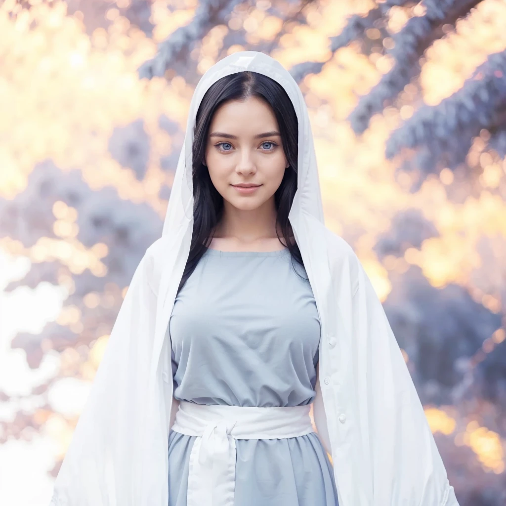 young woman, 25 years old, blue eyes, long black hair, serene and happy face, gray dress with wide, long sleeves adjusted at the waist by an intertwined white sash.