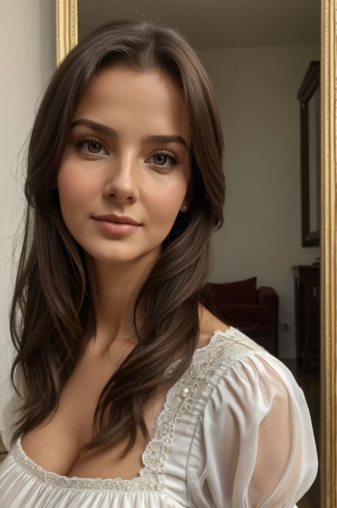 mulher arafada com jaqueta azul e brincos em frente a um espelho, Isabela Moner, franja de cortina, franja de cortina de parte central, lindo rosto latino, big cheekbones, cara muito bonita, Malika Favre, Retrato Sophie Mudd, rosto perfeitamente iluminado, small heart - shaped face, beautiful cheekbones, julia fuentes