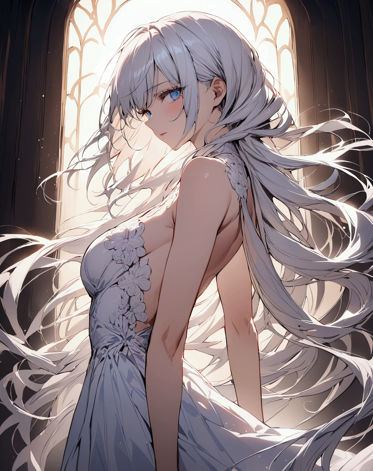 ((masterpiece)), ((best quality)), (from side1.32), (half-body shot:1.36), perfect anatomy, 1girl, solo, short white hair, flowing hair, shining blue eyes, white dress, dramatic lighting, looking at viewers